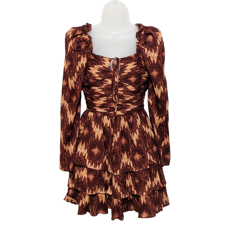 House of Harlow 1960 Womens Ruffle Tie Neck Dress Size XS Multicolor Metallic